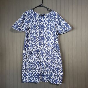 KikiSol Short Sleeve Tunic Dress Floral Print Pockets Blue/White Women's Medium
